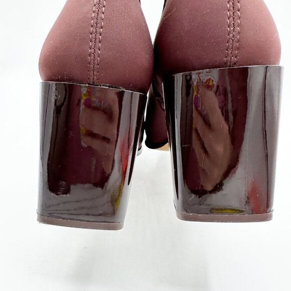 Aldo Burgundy Stretch Sock Ankle Boots With Patent Block Heels & Side Zipper 6.5 - Picture 8 of 16